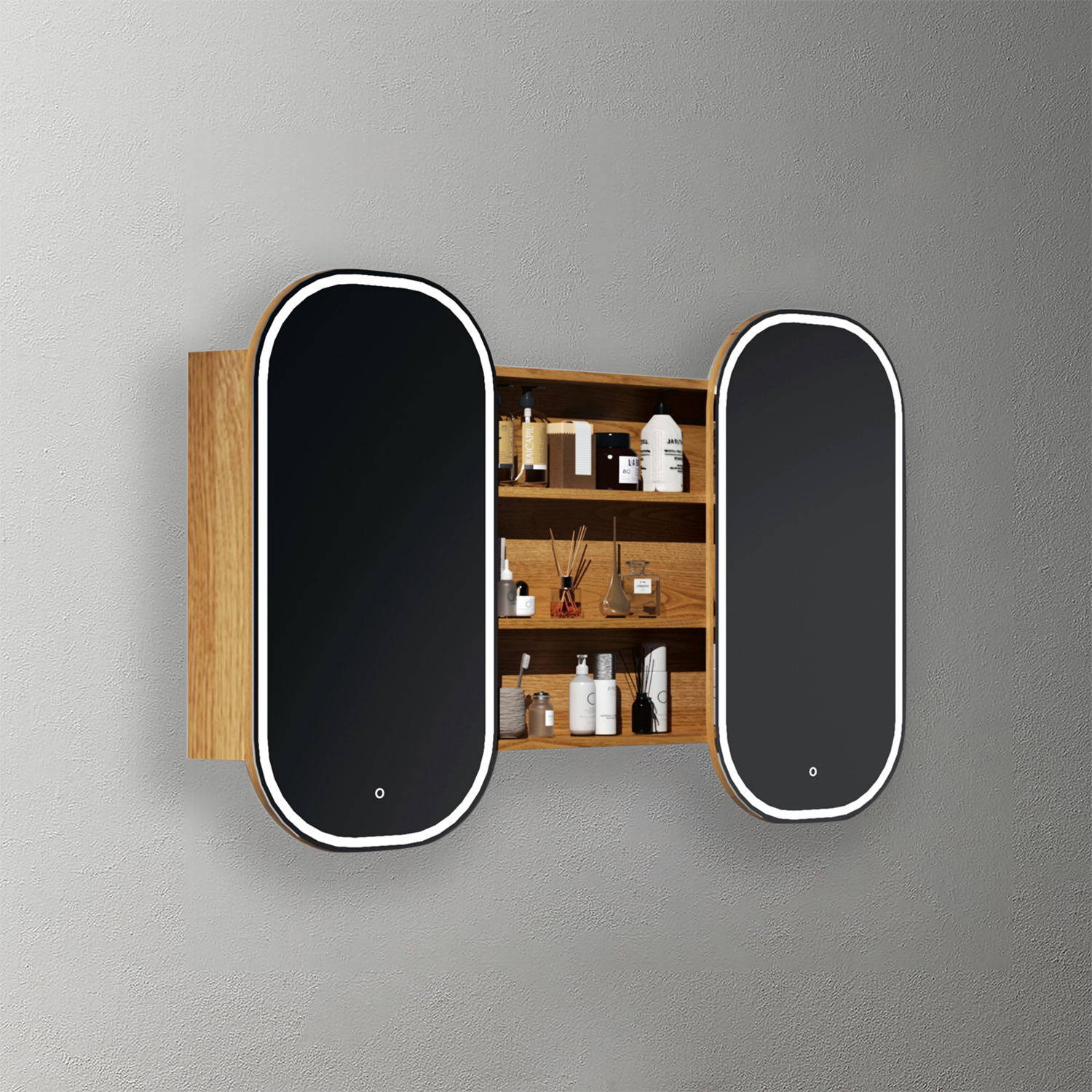 Mosmile Round-corner 2 Doors Wooden LED Bathroom Mirror Cabinet C205W1003
