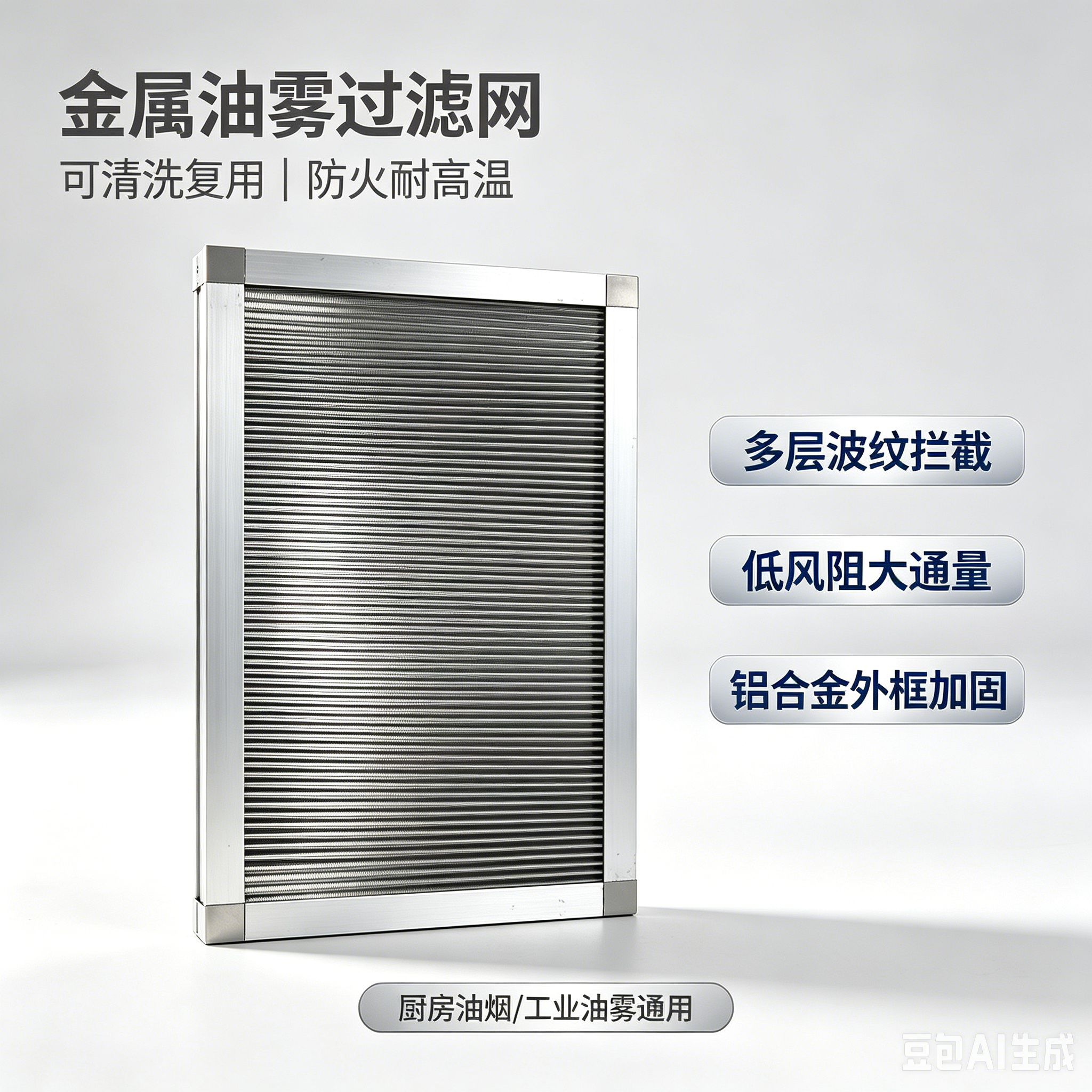 中滤科技 304 不锈钢波纹油雾过滤器 铝合金边框可清洗油烟过滤网 工业机床 / 商用厨房前置挡油滤网支持定制