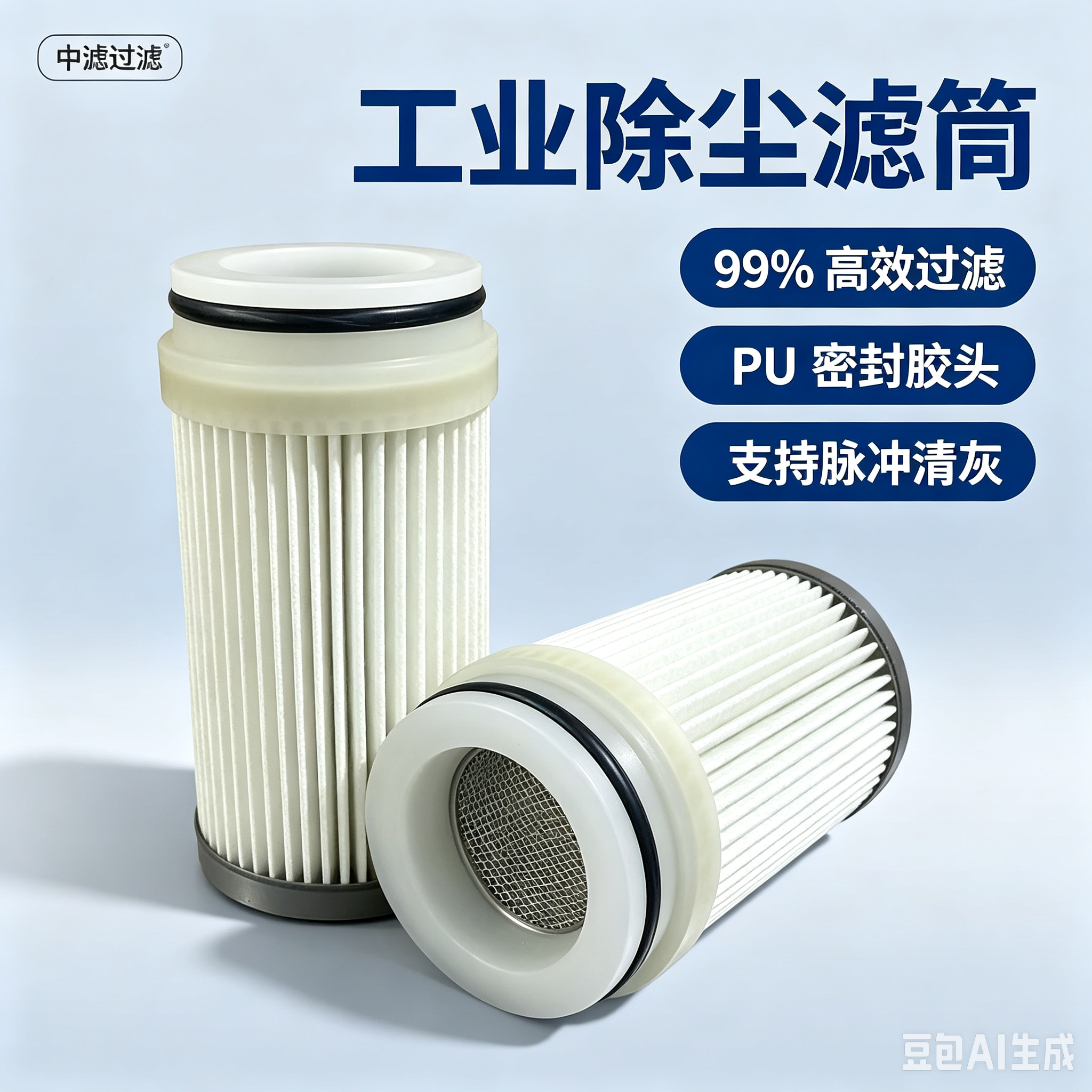 中滤过滤 加厚聚酯除尘滤筒 双层 O 型圈密封除尘滤芯 镀锌内网脉冲清灰工业粉尘过滤筒