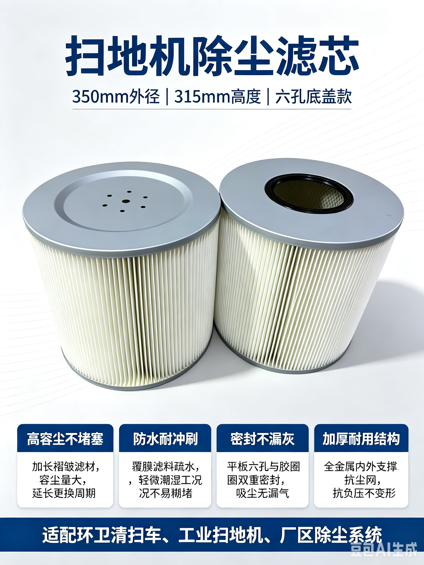 中滤科技 工业车间扫地机除尘滤芯 350mm 外径 315 高 6 孔安装盖吸尘滤筒