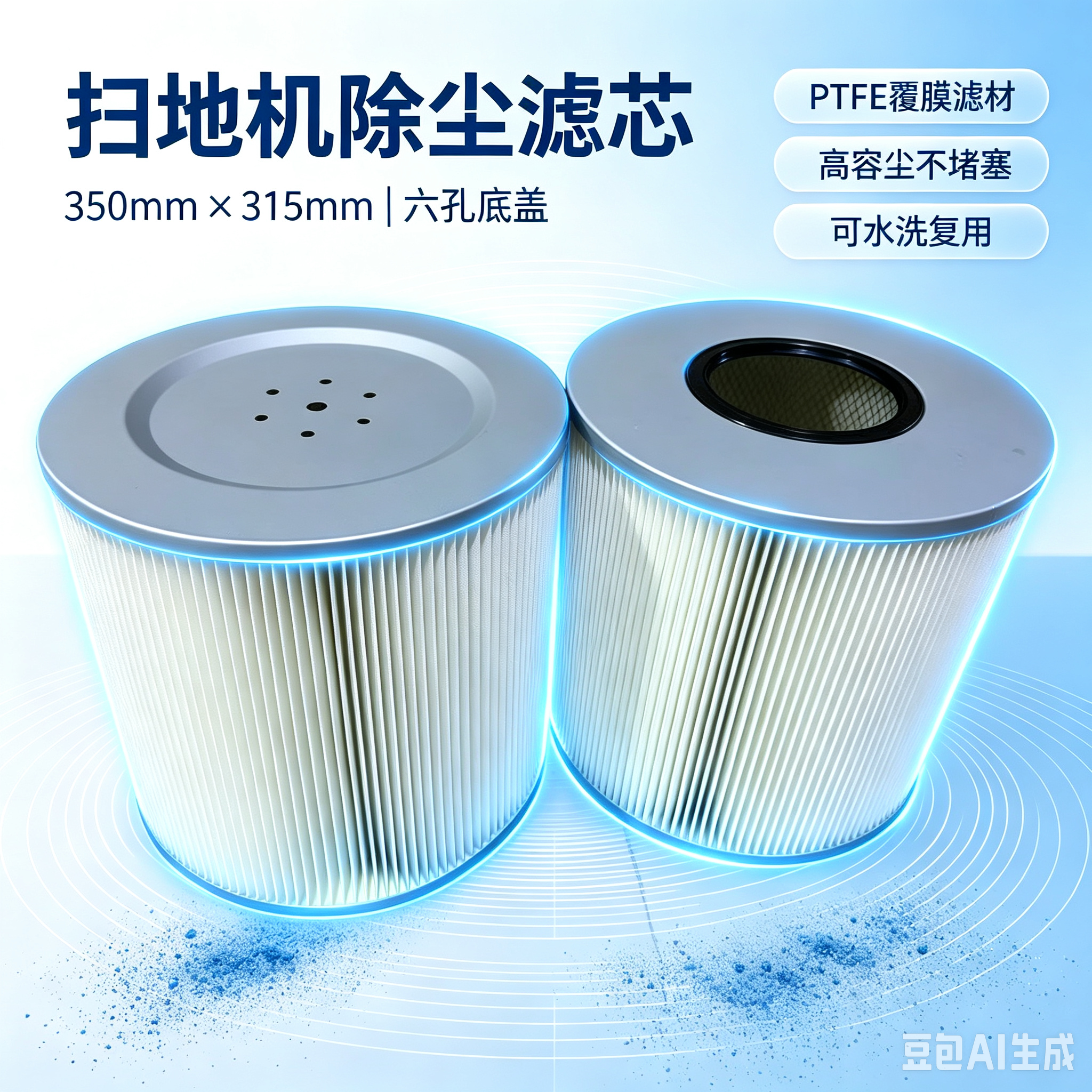中滤科技 道路清扫车除尘滤筒 350×315 六孔底盖扫地机滤芯 PTFE 覆膜聚酯滤材