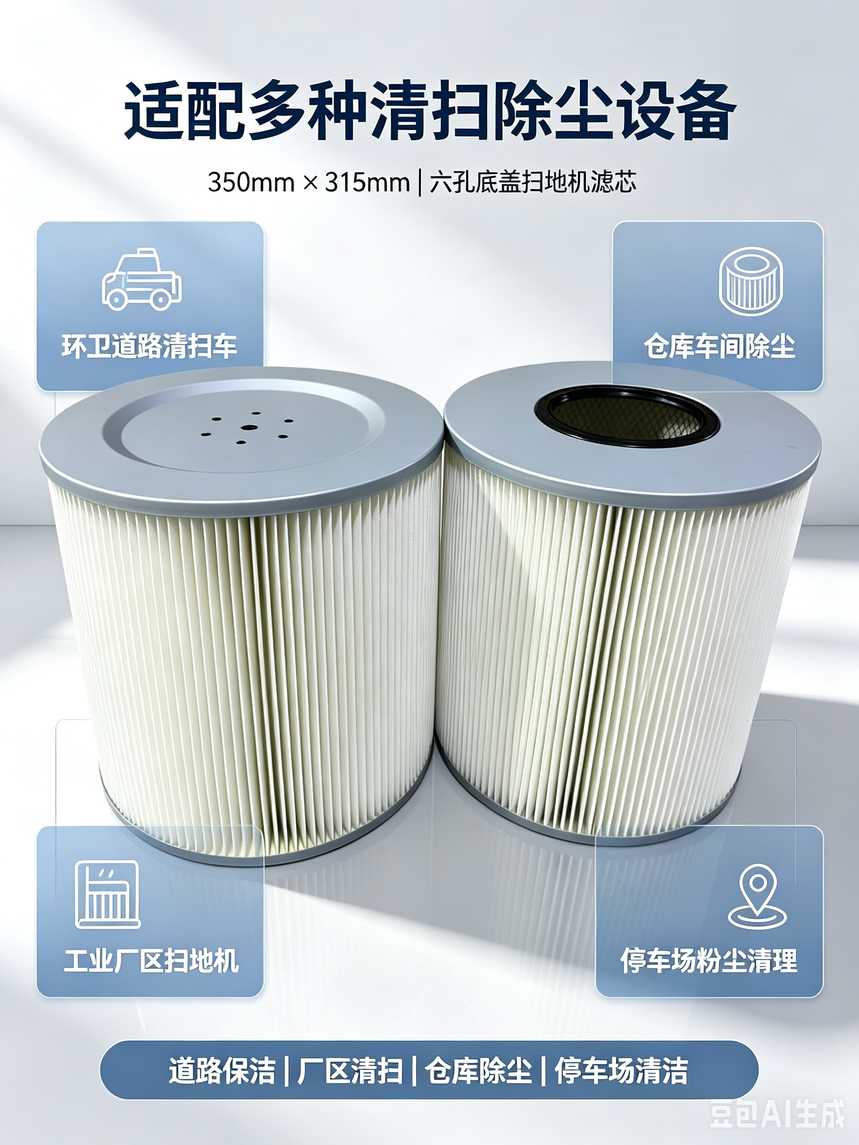 中滤科技 道路清扫车除尘滤筒 350×315 六孔底盖扫地机滤芯 PTFE 覆膜聚酯滤材