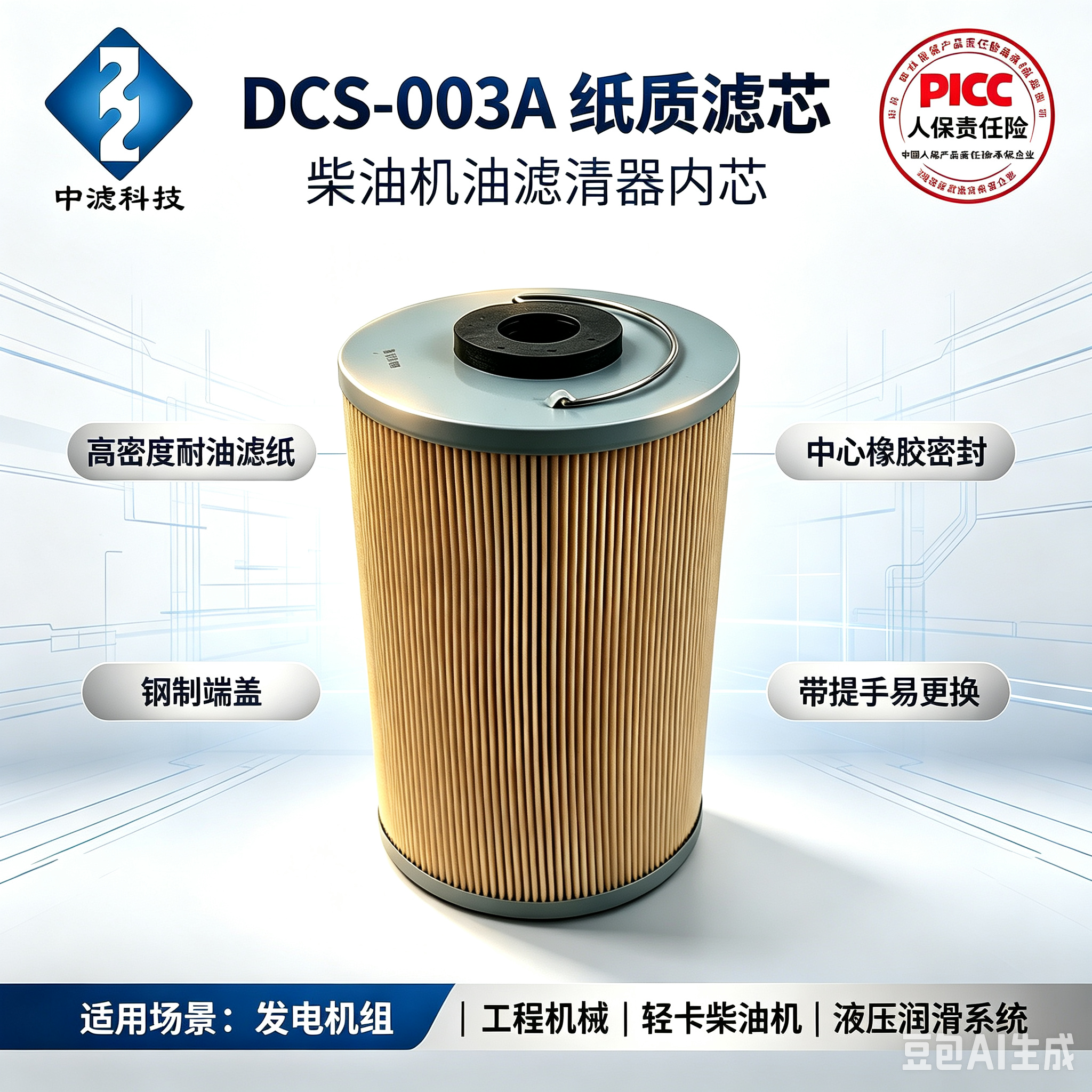 中滤科技 DCS-003A 纸质机油滤芯 柴油滤清器纸芯 工程机械发电机组内置滤筒