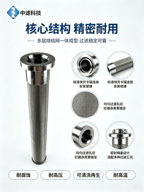 中滤科技 定制不锈钢烧结网滤筒 卫生卡盘接口金属滤芯 耐酸碱工业过滤器滤芯