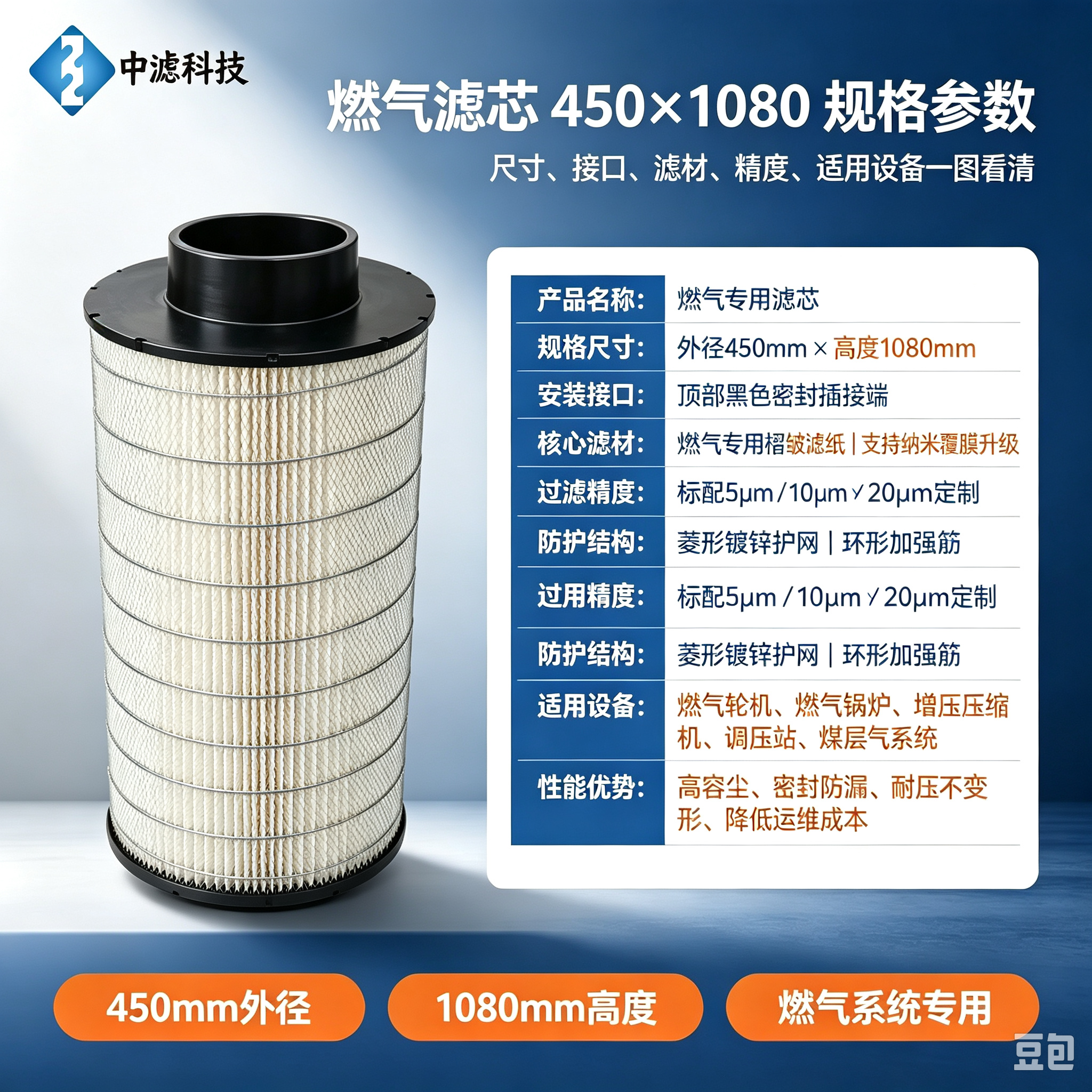 中滤科技可定制疏水防静电燃气滤芯 450×1080 沼气煤层气燃气系统专用净化滤筒