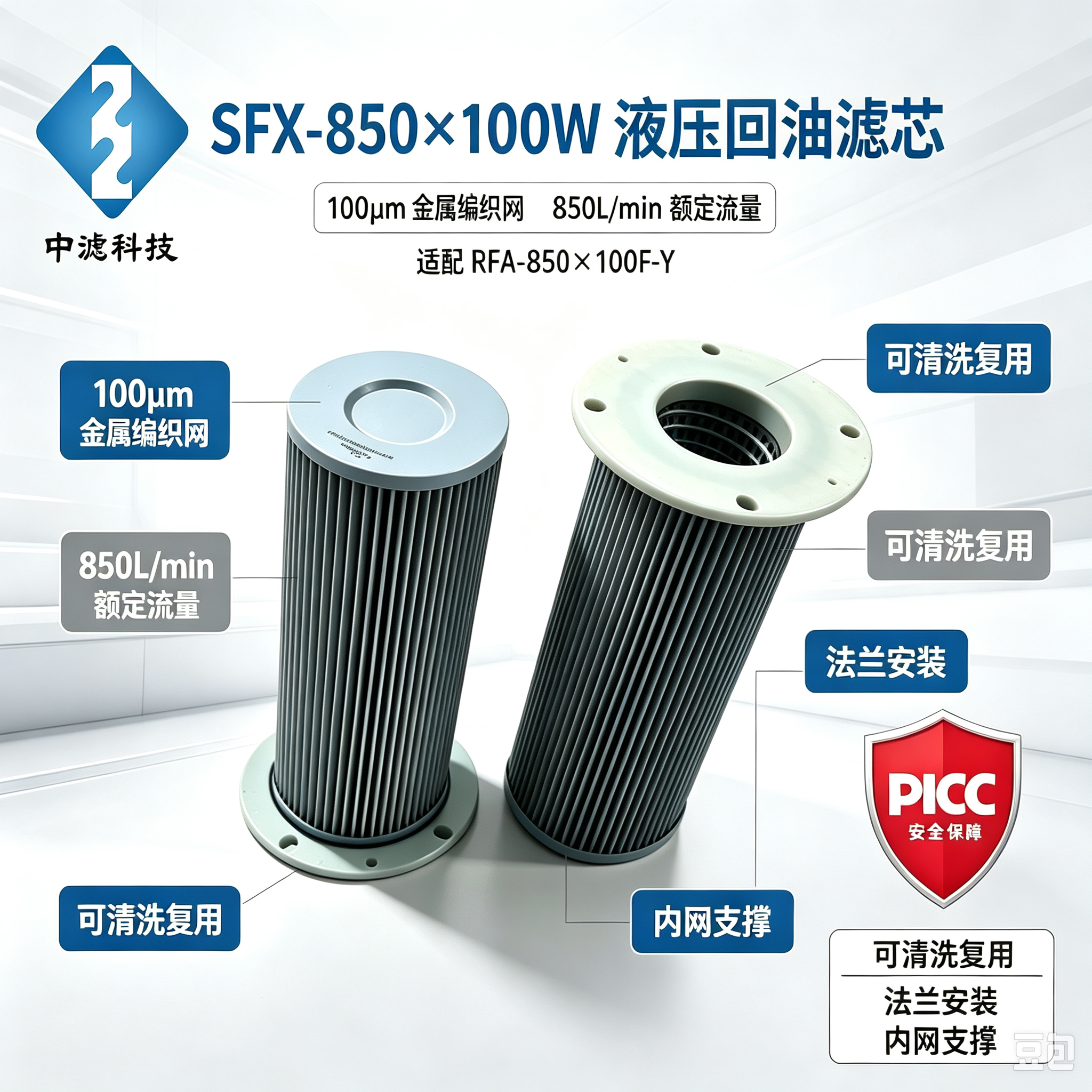 中滤科技SFX‑850×100W 液压回油滤芯 替代黎明滤芯 液压站油箱回油过滤器滤筒