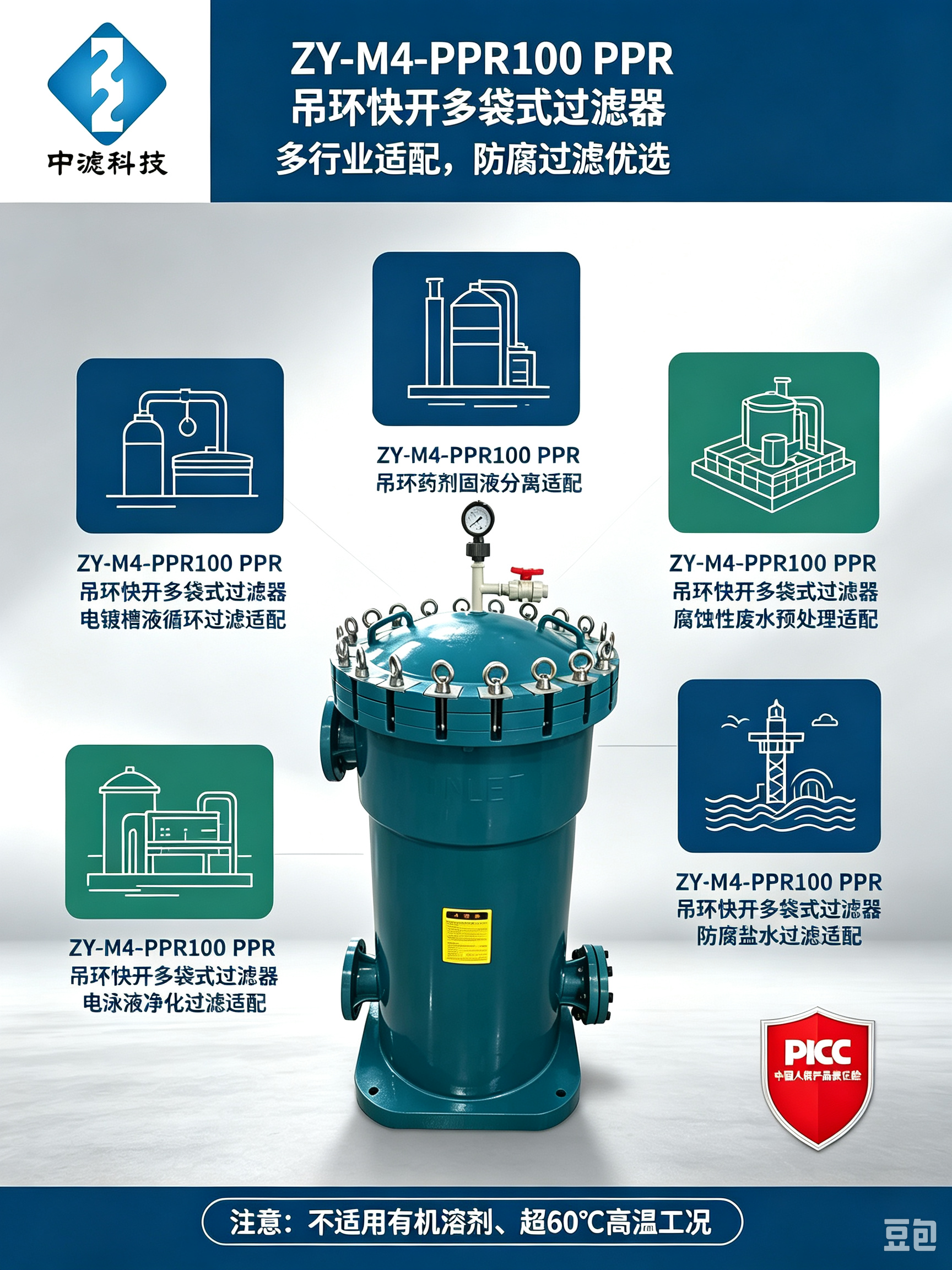 ZY‑M4‑PPR100 PPH 塑胶多袋过滤器 吊环快开结构 电镀液海水盐水防腐袋式过滤器