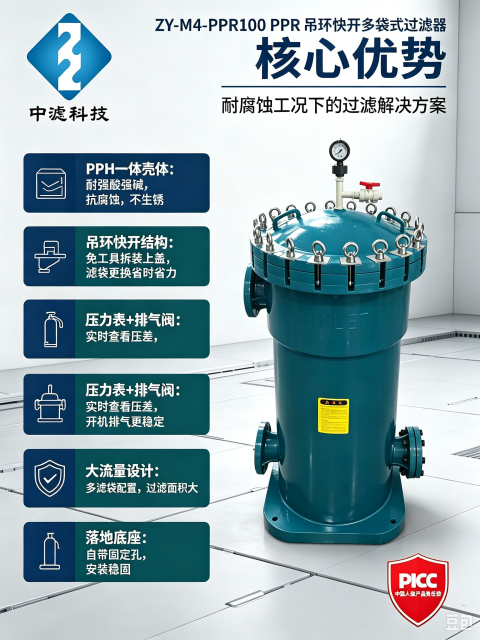 ZY‑M4‑PPR100 PPH 塑胶多袋过滤器 吊环快开结构 电镀液海水盐水防腐袋式过滤器