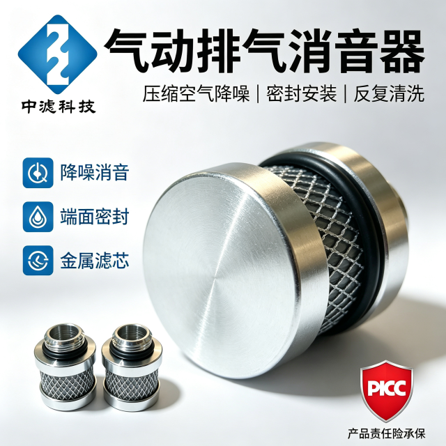中滤科技 气动元件排气消音滤芯 铝合金壳体金属网消音器 抗耐压可反复清洗