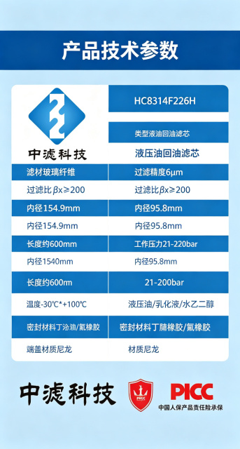 中滤科技 HC8314FKN26H 颇尔替代滤芯厂家直供 液压油回油滤芯支持定制精度