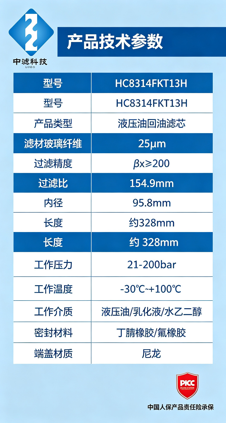 中滤科技 HC8314FKT13H颇尔替代滤芯玻纤滤材25μm精度液压系统回油过滤芯