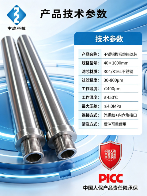 Industrial Wedge Wire Filter 40mm OD 1000mm Length Threaded End
