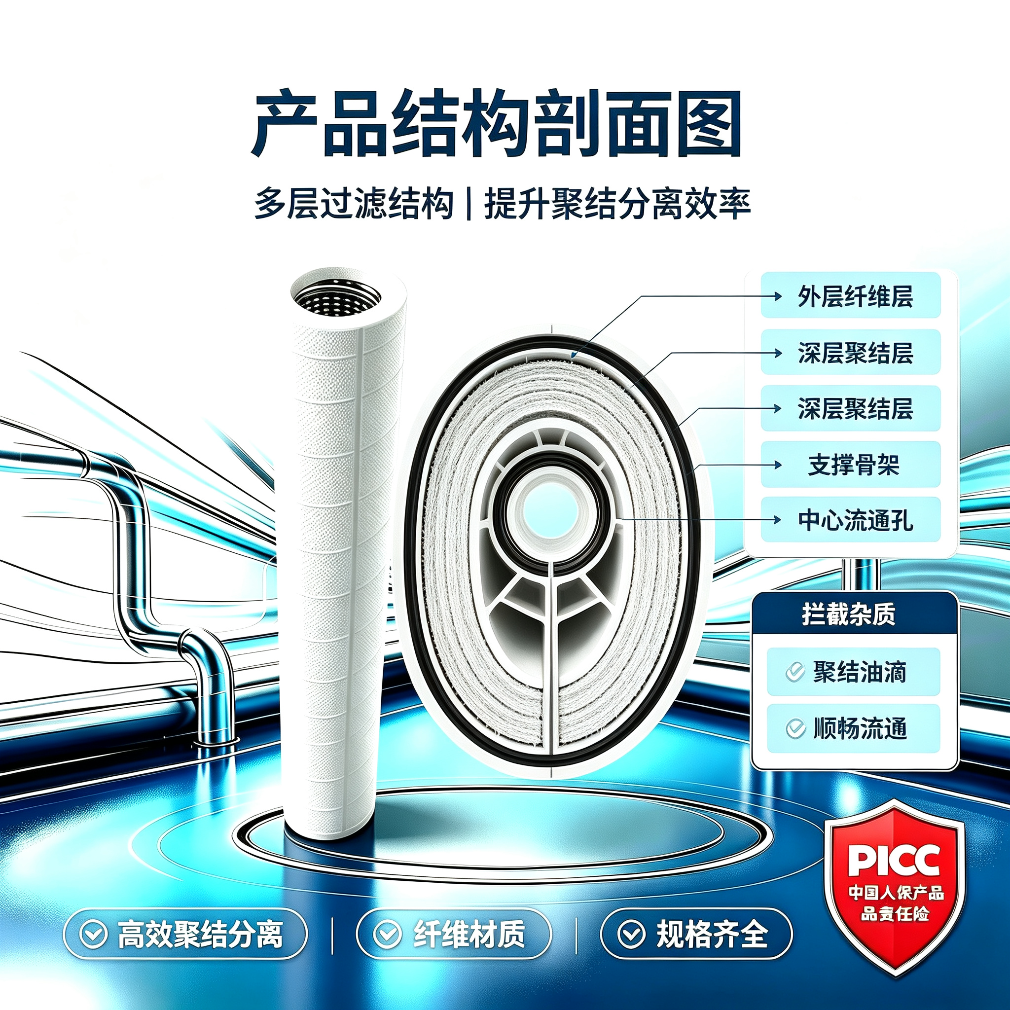 中滤科技合成纤维聚结分离滤芯 油水聚结过滤滤芯 工业油液净化聚结滤芯