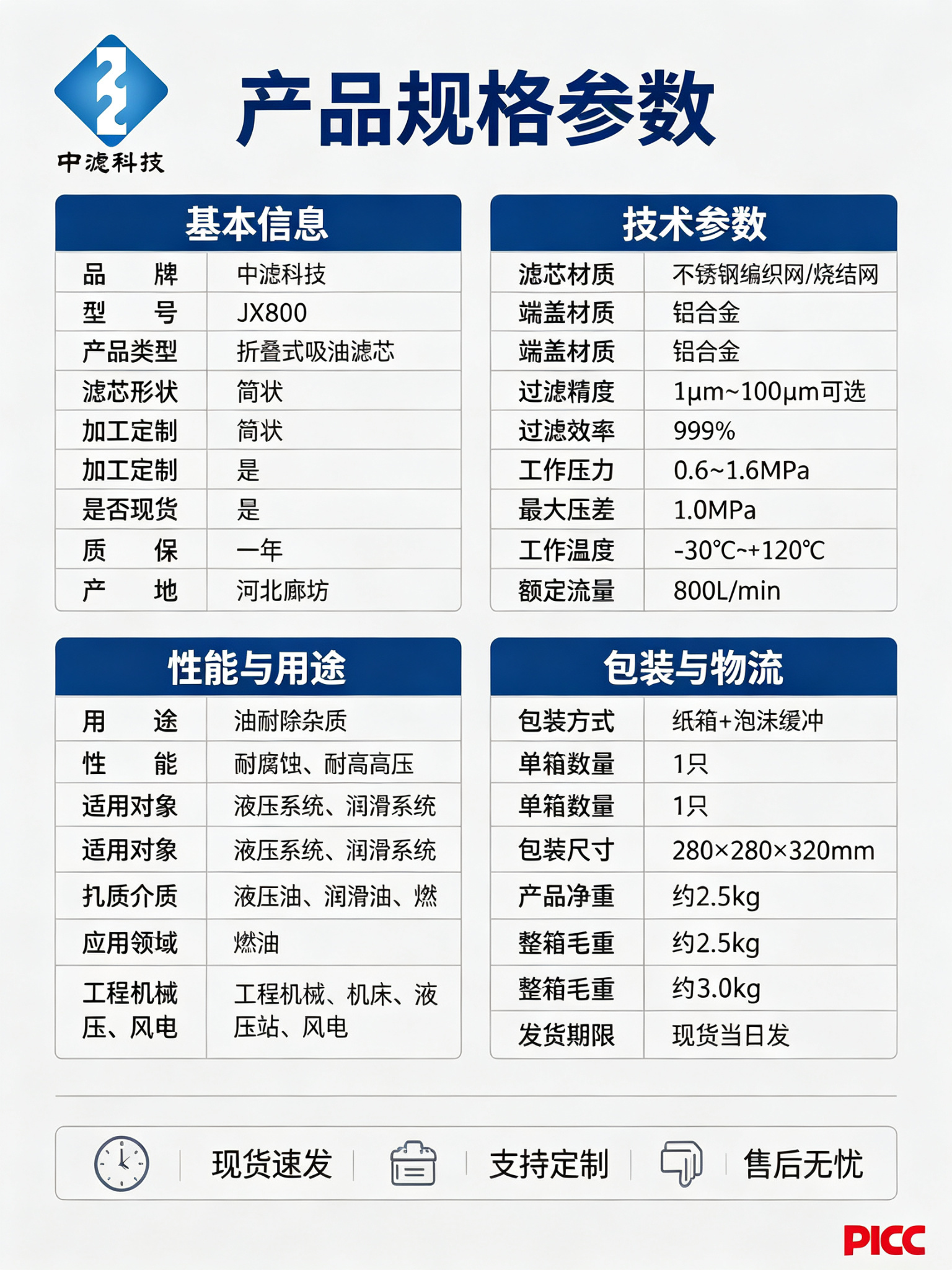 中滤科技 JX800 液压滤芯 多精度可选 双接口形式 源头工厂