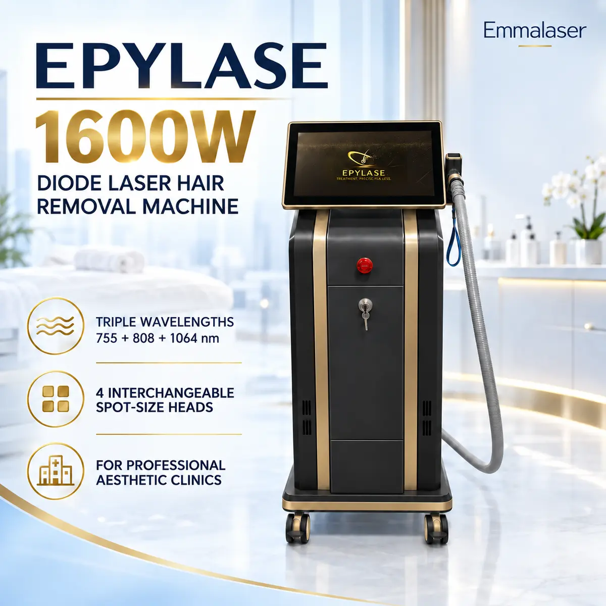 EPYLASE 1600W diode laser hair removal machine for a professional aesthetic clinic