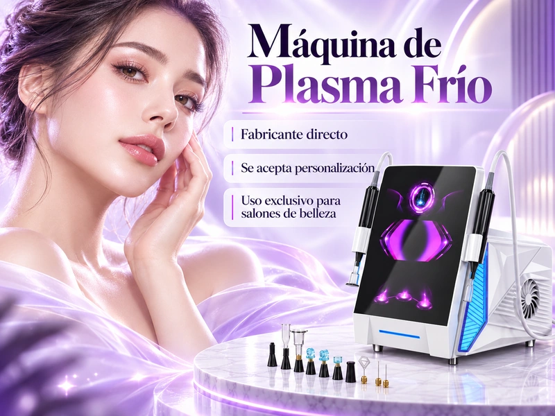 Equipo profesional de plasma fr&iacute;o Emmalaser con accesorios y electrodos intercambiables sobre fondo blanco