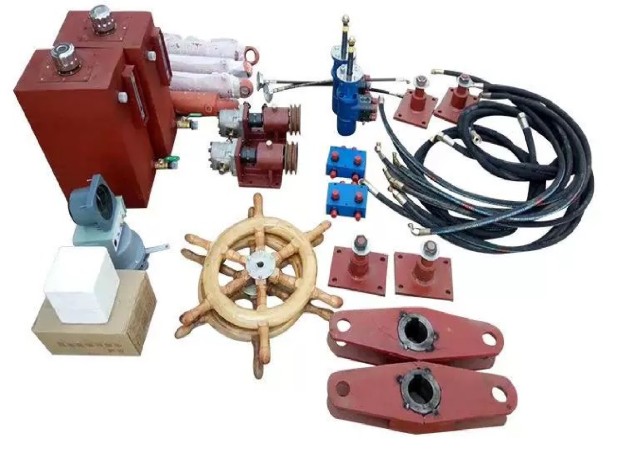 Integrated Marine Steering System Components: Hydraulic Steering Pump with Pulley, Control Valves and Steering Linkage Parts