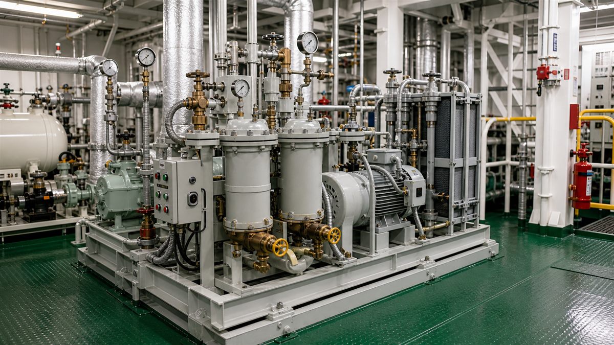Marine fuel oil system equipment in a vessel engine room
