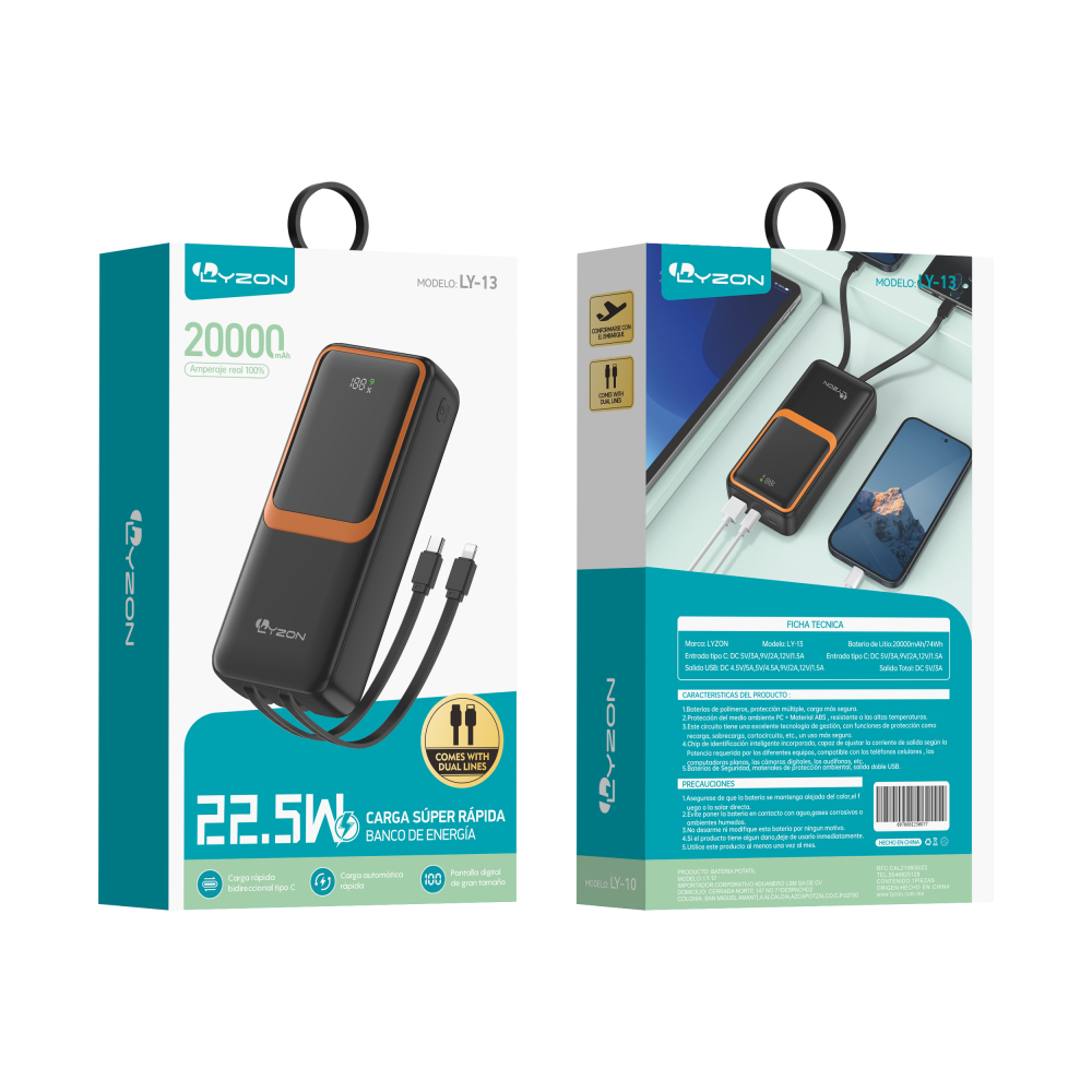 POWERBANK BATERIA 20000 MAH 22.5W CARGA SÚPER RÁPIDA BANCO DE ENERGÍA