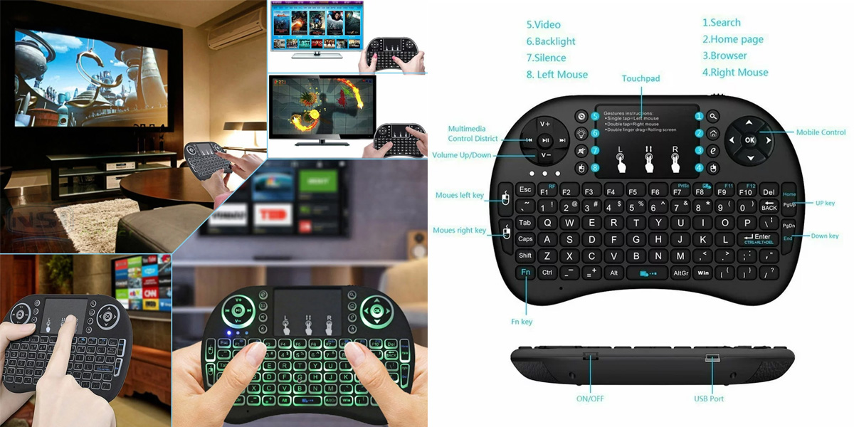 迷你 i8 2.4GHz 背光無線鍵盤，附觸控板滑鼠，適用於智慧型 Android 電視盒