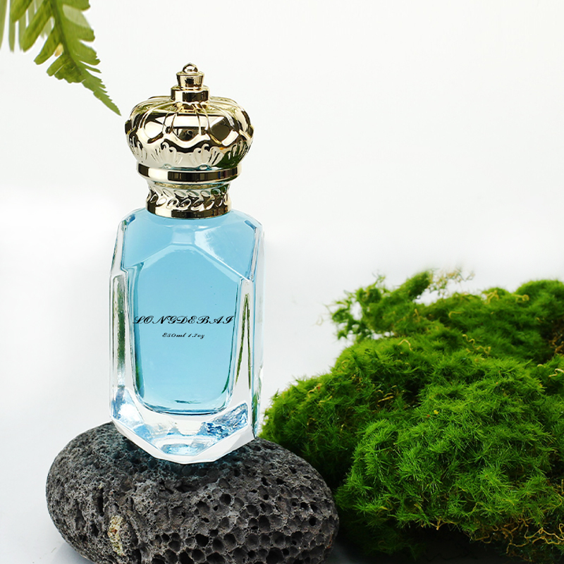 New design luxury crystal shape empty parfum bottle clear gold crown cover crimp 50ml glass perfume bottle with aluminum label