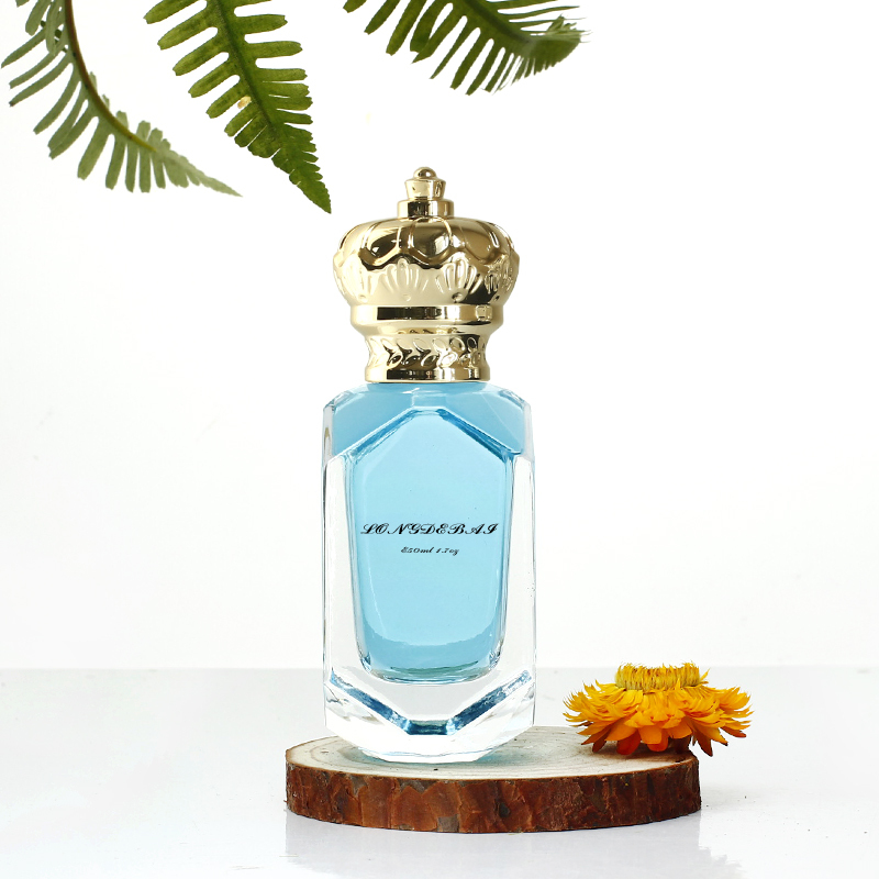 New design luxury crystal shape empty parfum bottle clear gold crown cover crimp 50ml glass perfume bottle with aluminum label