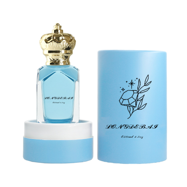 New design luxury crystal shape empty parfum bottle clear gold crown cover crimp 50ml glass perfume bottle with aluminum label
