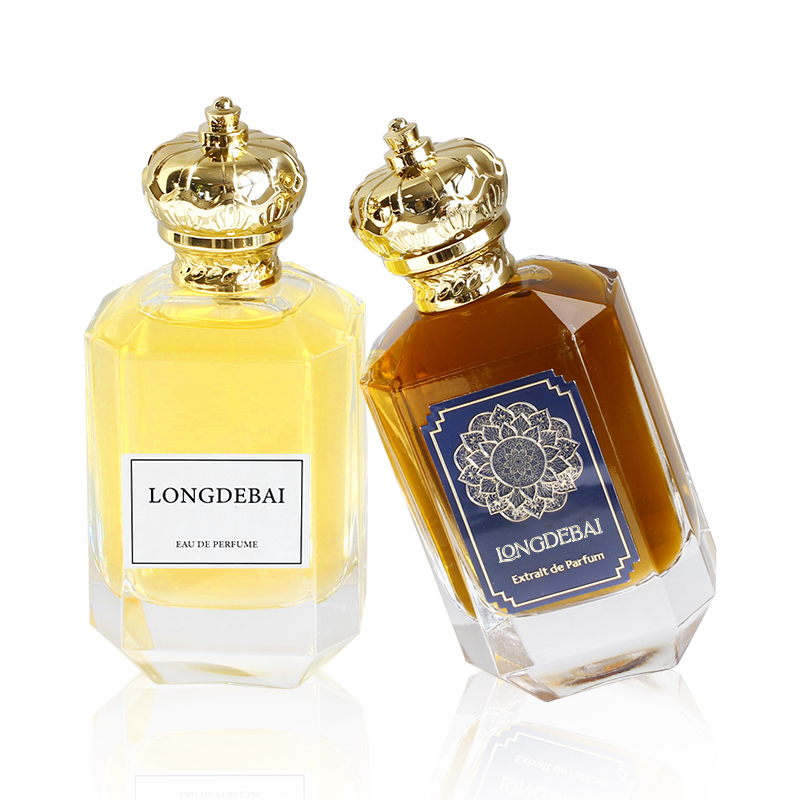 OEM luxury gold cap empty 100ml parfum bottle clear crystal shape crimp glass perfume bottle with custom label