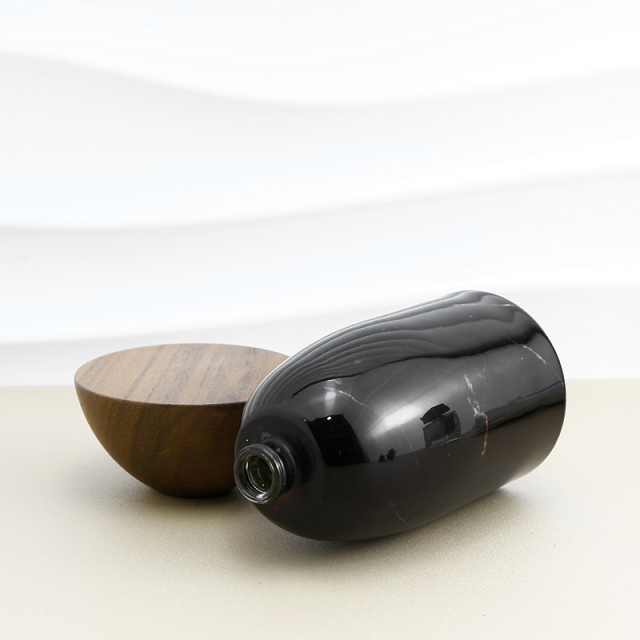 Luxury custom round perfume bottle 100ml crimp empty perfume bottle with wooden lid
