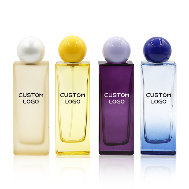 Wholesale flat rectangle yellow blue purple scrub perfume bottle 50ml with atomizer