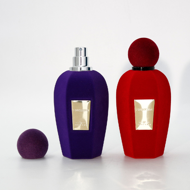 Luxury velvet perfume spray bottle red empty pump atomizer pile flocking round crimp 50ml 100ml glass perfume bottle with box