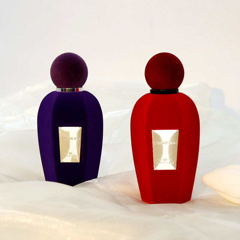 Luxury velvet perfume spray bottle red empty pump atomizer pile flocking round crimp 50ml 100ml glass perfume bottle with box