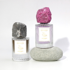 Factory wholesale round perfume glass bottle crimp pump sprayer 30ml 50ml 100ml perfume bottle with jade stone cap