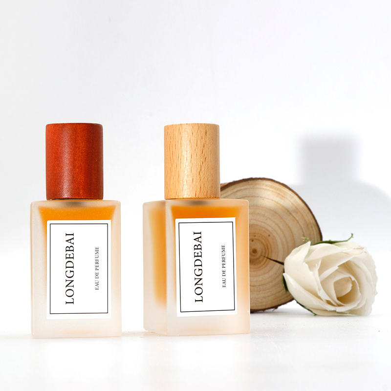 Luxury clear perfume spray bottle empty crimp aluminum pump square frosted 30ml 50ml 100ml perfume bottle with box and wood cap