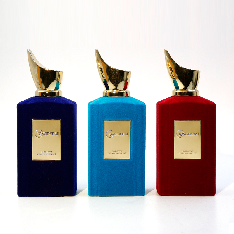 Custom flocked glass perfume bottle crimp pump sprayer 100ml perfume bottle with zinc alloy lid