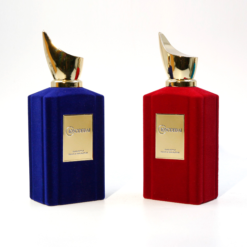 Custom flocked glass perfume bottle crimp pump sprayer 100ml perfume bottle with zinc alloy lid