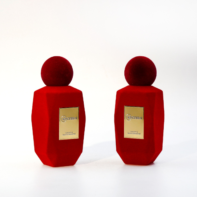 New design Flocked velvet irregular crimp pump sprayer glass bottle 50ml empty luxury Perfume bottle with box