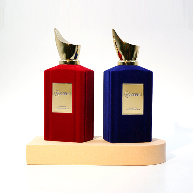 Custom flocked glass perfume bottle crimp pump sprayer 100ml perfume bottle with zinc alloy lid