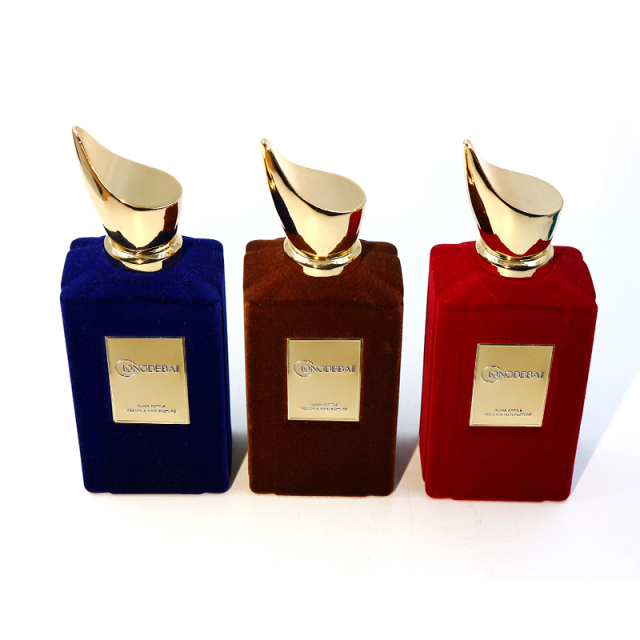 Custom flocked glass perfume bottle crimp pump sprayer 100ml perfume bottle with zinc alloy lid