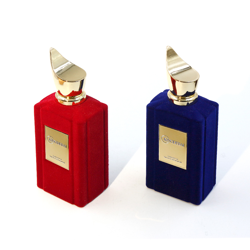 Custom flocked glass perfume bottle crimp pump sprayer 100ml perfume bottle with zinc alloy lid