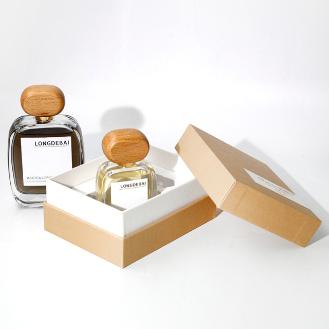 Wholesale flat perfume glass bottle crimp empty aluminum sprayer clear 30ml 50ml 100ml perfume bottle with wood cap