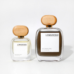 Wholesale flat perfume glass bottle crimp empty aluminum sprayer clear 30ml 50ml 100ml perfume bottle with wood cap