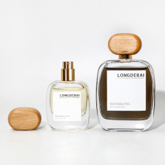 Wholesale flat perfume glass bottle crimp empty aluminum sprayer clear 30ml 50ml 100ml perfume bottle with wood cap