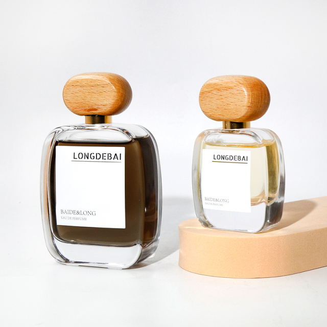 Wholesale flat perfume glass bottle crimp empty aluminum sprayer clear 30ml 50ml 100ml perfume bottle with wood cap