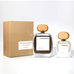 Wholesale flat perfume glass bottle crimp empty aluminum sprayer clear 30ml 50ml 100ml perfume bottle with wood cap