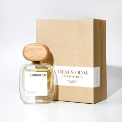 Wholesale flat perfume glass bottle crimp empty aluminum sprayer clear 30ml 50ml 100ml perfume bottle with wood cap