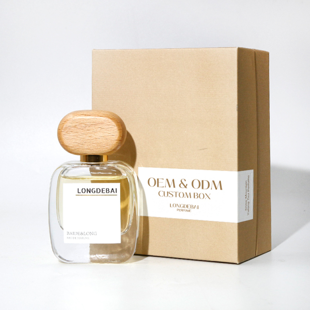 Wholesale flat perfume glass bottle crimp empty aluminum sprayer clear 30ml 50ml 100ml perfume bottle with wood cap