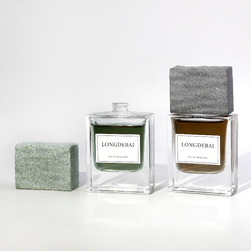 LONGDEBAI New Luxury Empty Parfum Clear Flat Square Marble Lid Crimp Glass Stone Cap Perfume Bottle 50mL With Gift Box