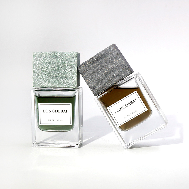 LONGDEBAI New Luxury Empty Parfum Clear Flat Square Marble Lid Crimp Glass Stone Cap Perfume Bottle 50mL With Gift Box