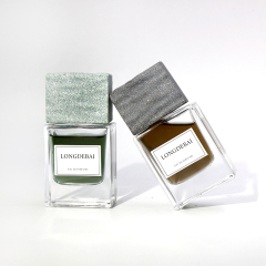 LONGDEBAI New Luxury Empty Parfum Clear Flat Square Marble Lid Crimp Glass Stone Cap Perfume Bottle 50mL With Gift Box